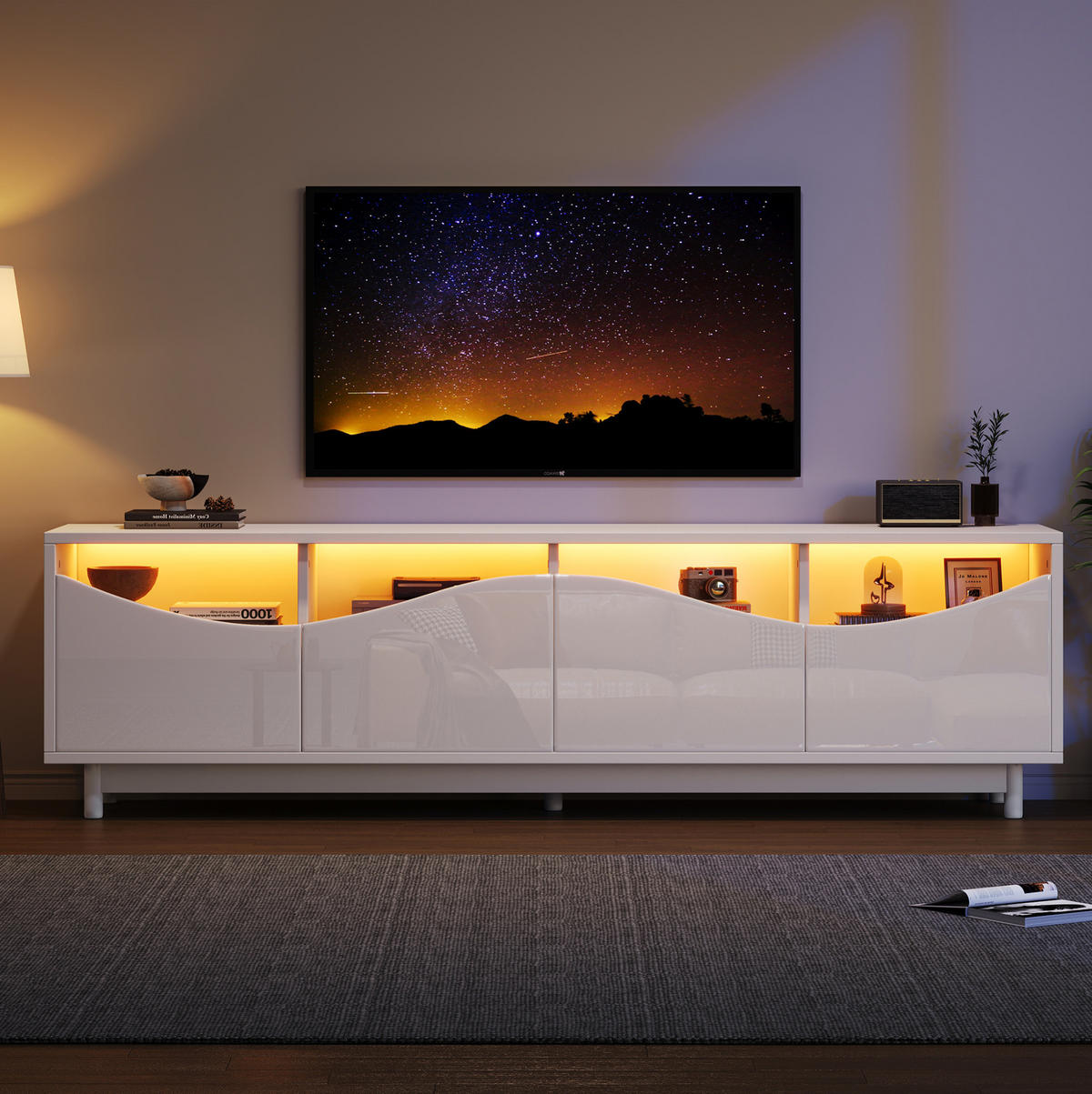 TV-LOWBOARD 175/38/51 cm mit LED-Beleuchtung, Push-to-Open und gehärtetem Glas, MDF Hochglanz, Weiß - Weiß, Holzwerkstoff (175/51/38cm) - Redom