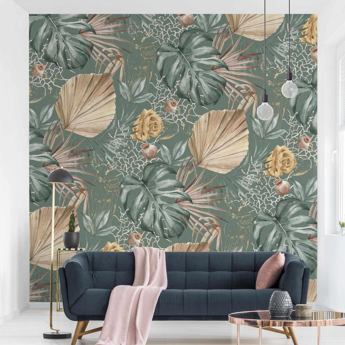 FOTOTAPETE Große Blätter mit Rosen vor Grün 288/288 cm - Grün, Papier (288/288cm) - Bilderwelten