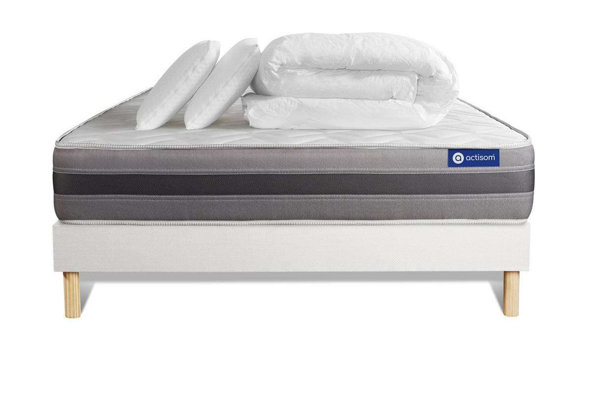 BETT Actiflex relax Taschenfederkern und Memory-Schaum 160 x 200 cm h1 - Kit Bettgestell Weiß - Mit Kissen und Bettdecke - Beige/Weiß, Holz/Textil (160/200cm) - ACTISOM