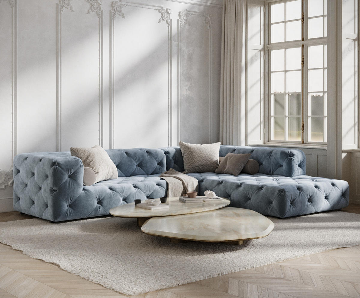 ECKSOFA Cosimo Blau Grau Samtstoff - Blaugrau/Schwarz, Holz/Holzwerkstoff (325/228cm) - Maison de Reve