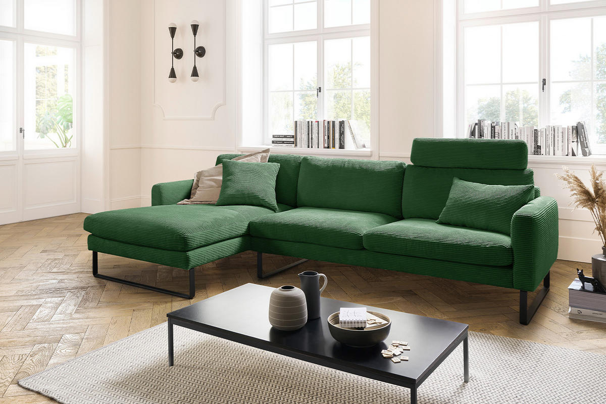 ECKSOFA RICARDA Smaragdgrün Cord - Smaragdgrün/Schwarz, Textil/Metall (298/154cm) - KAWOLA