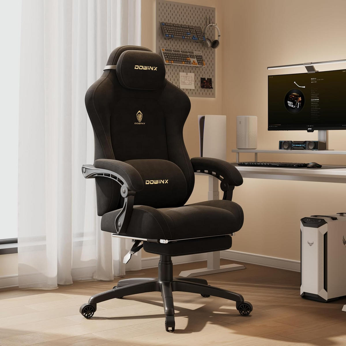 GAMING-STUHL Mikrofaser-Velours & Lendenkissen, Fußstütze 160° Neigbar - Schwarz, Leder (70/132/70cm)