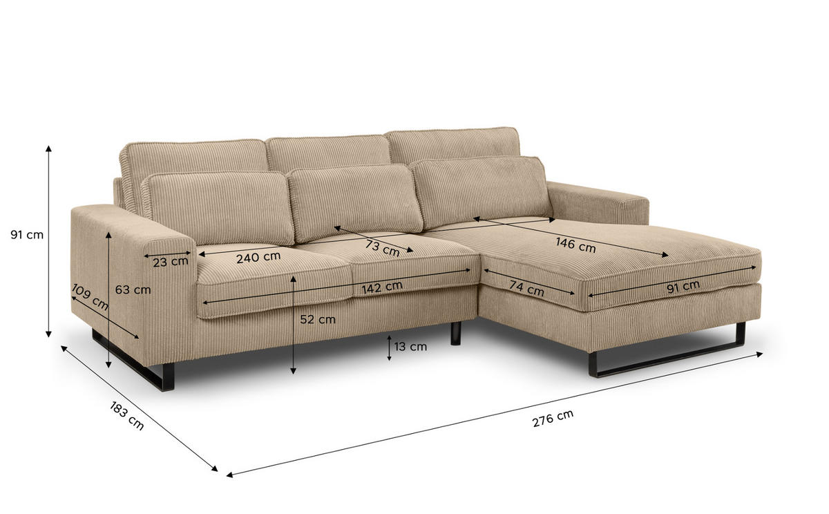 SOFA beige Cord 276 cm, Ecksofa 4-Sitzer, L-Sofa Ottomane rechts - Beige/Schwarz, Holz/Textil (276/183cm) - Inn.Furn