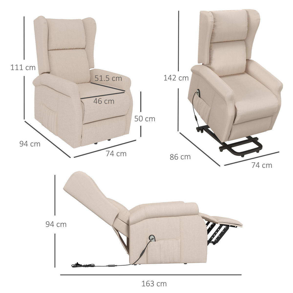 RELAXSESSEL mit elektrischer Liegefunktion, Aufstehhilfe 74/94/111 cm Cremeweiß - Creme, Holz (94/111/74cm) - Redom