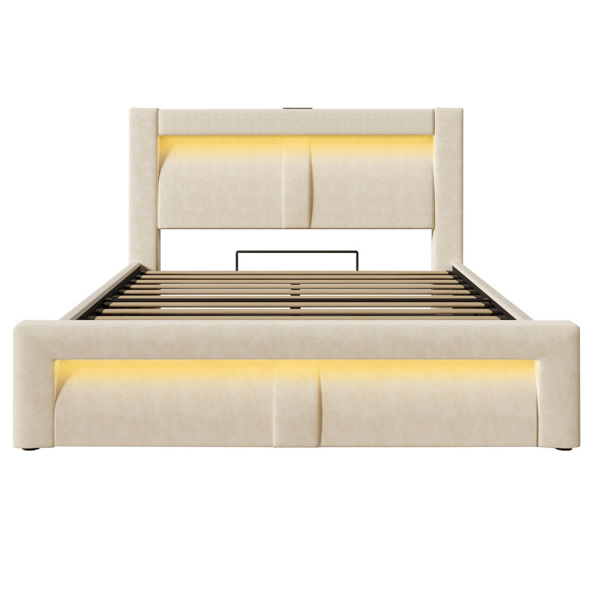BETT mit Stauraum 140x200 cm Samt Beige mit LED - Beige, Metall (140/200cm) - Meubliv