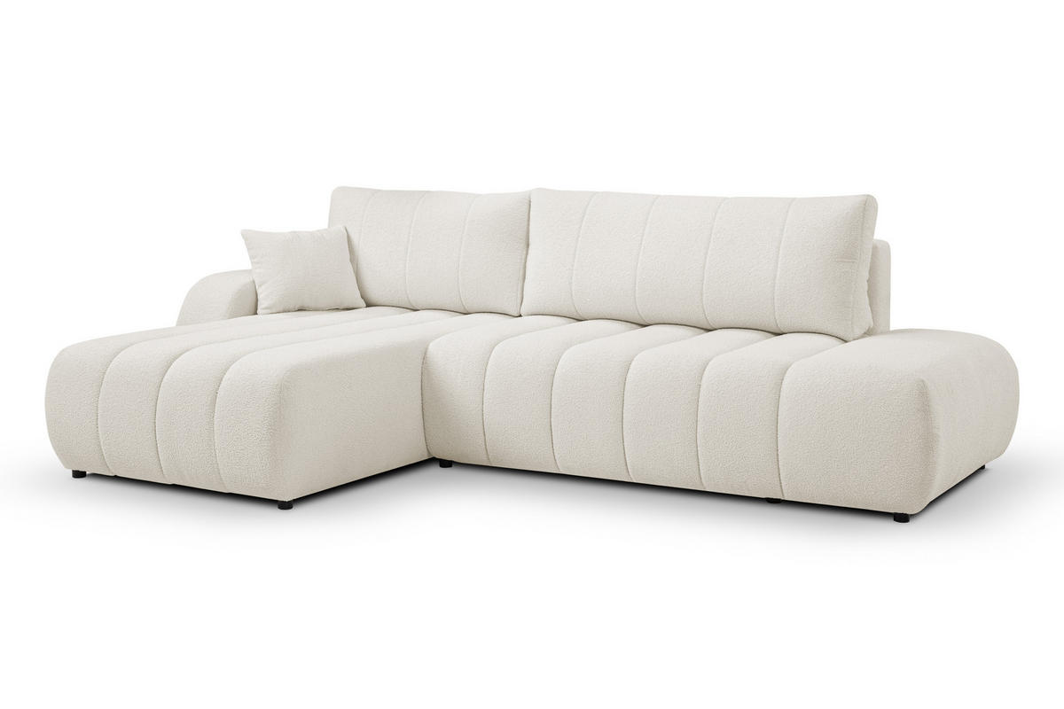 ECKSOFA Baloo mit Schlaffunktion und Bettkasten, komfortable Polsterung, Stoffbezug, lose Rückenkissen, freistehend, LINKS, 176x276x88 cm, White - Weiß, Holz/Textil (176/276cm) - DomoHome
