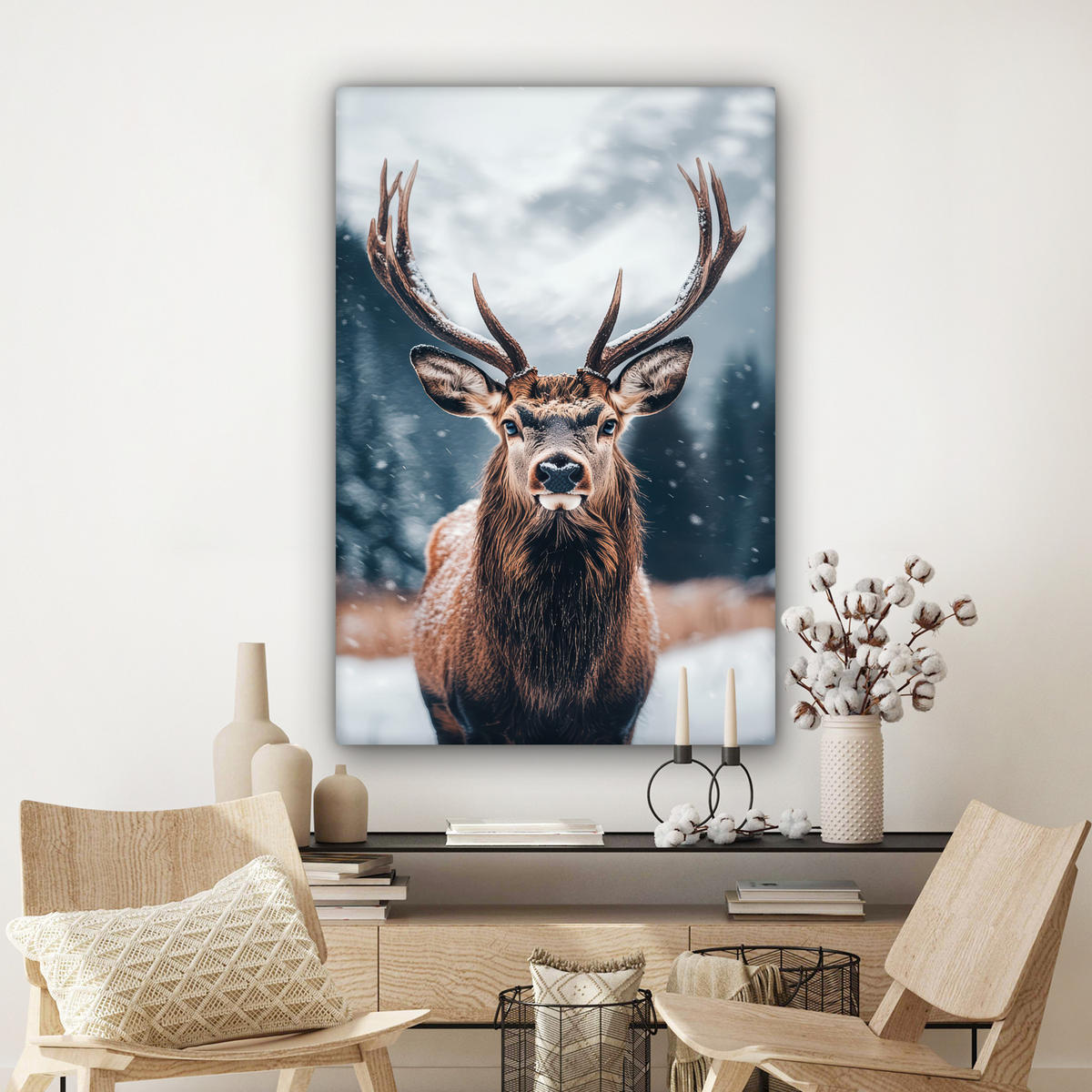 LEINWANDBILD Hirsche - Tiere - Landschaft - Winter - Schnee 90x140 cm - Kastanienfarben, Textil (90/140cm) - MuchoWow