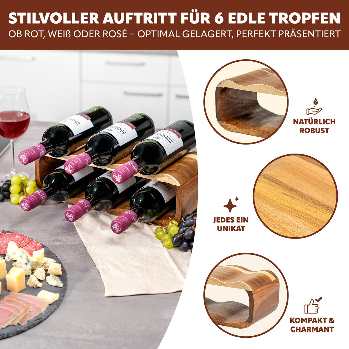WEINREGAL, braun - Akaziefarben, Holz (39/14.5/15cm) - eluno