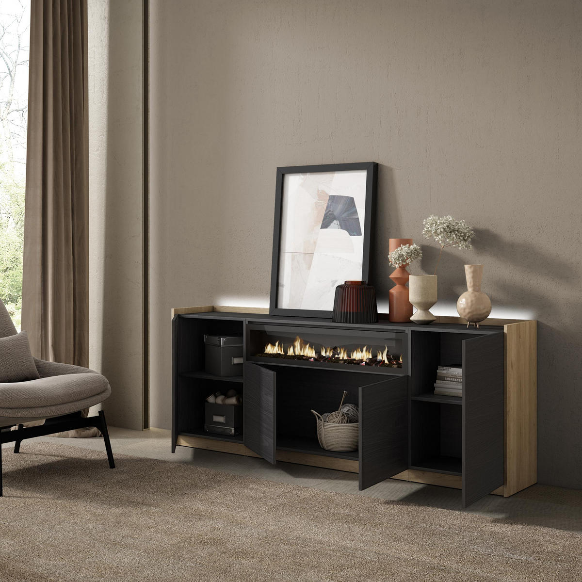 SIDEBOARD, Schwarz und Eiche, 207/37/80cm, Kamin mit Feuereffekt - Schwarz, Holzwerkstoff (207/80/37cm) - Skraut Home