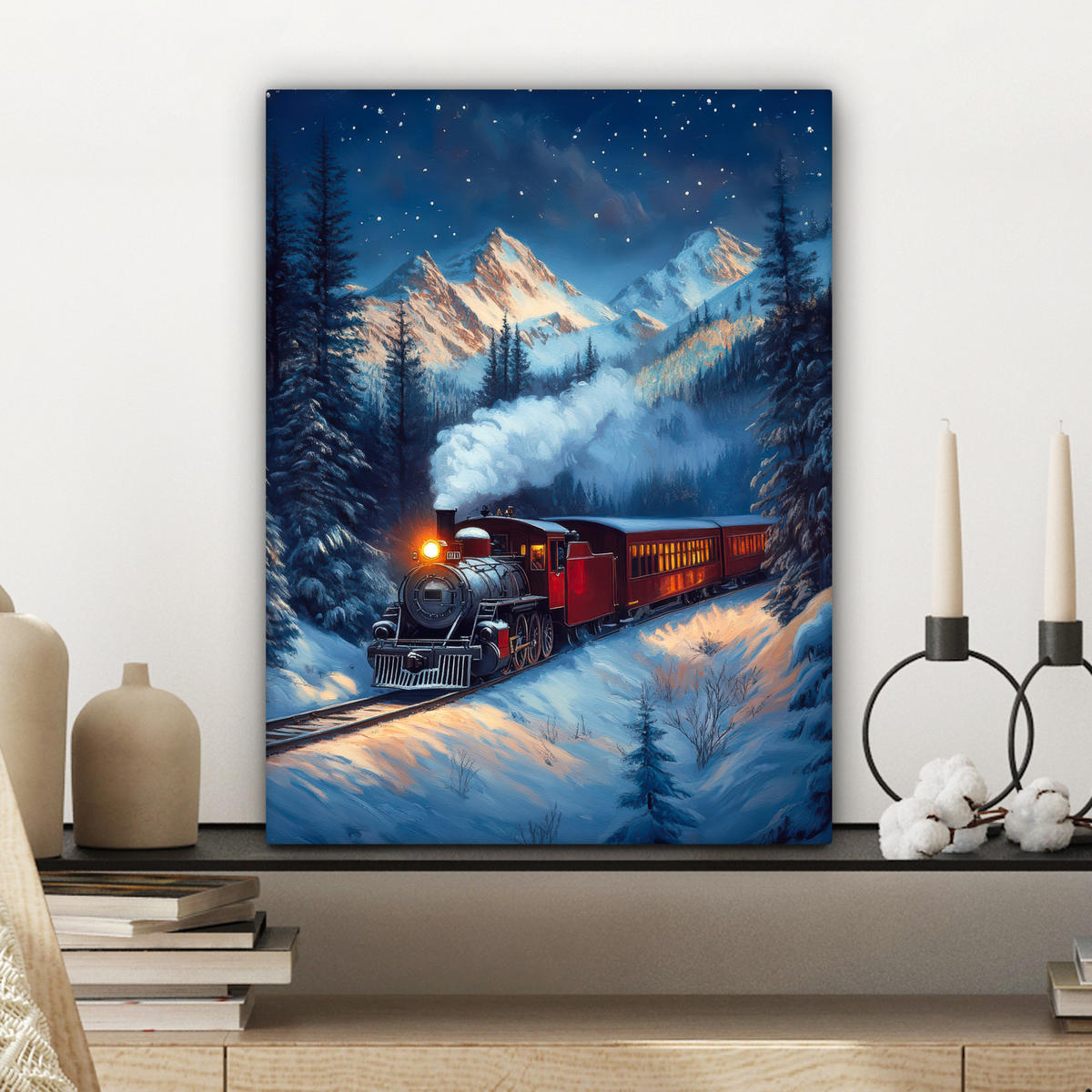 LEINWANDBILD Zug - Weihnachten - Schnee - Weihnachtszug 30x40 cm - Anthrazit, Textil (30/40cm) - MuchoWow