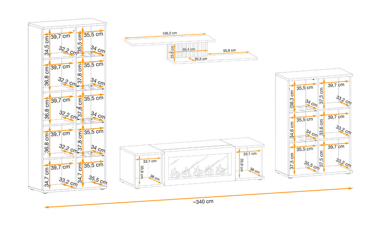 WOHNWAND schwarz, Eiche Jackson 353 cm, Schrankwand mit Kamin - Eichefarben/Schwarz, Glas/Holzwerkstoff (340/192/45cm) - Furn.Design