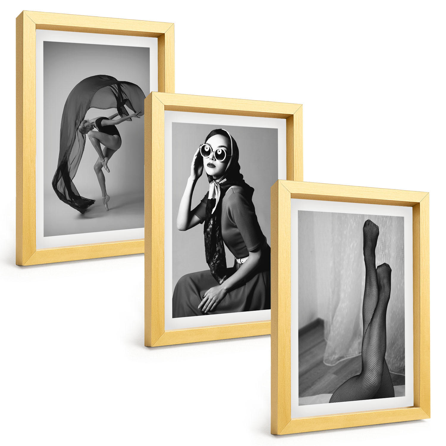 BILDER SET 3er Set - 20x30 cm Goldrahmen - Schwarz-Weiß-Porträts von Frauen - Goldfarben, Kunststoff (20/30cm) - TULUP