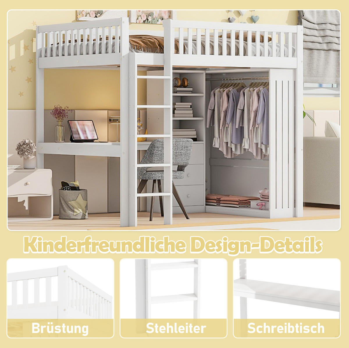 HOCHBETT 140/200 cm mit Schreibtisch, Kleiderschrank, 3 Schubladen und Treppe, Weiß - Weiß, Holzwerkstoff (140/200cm) - Redom