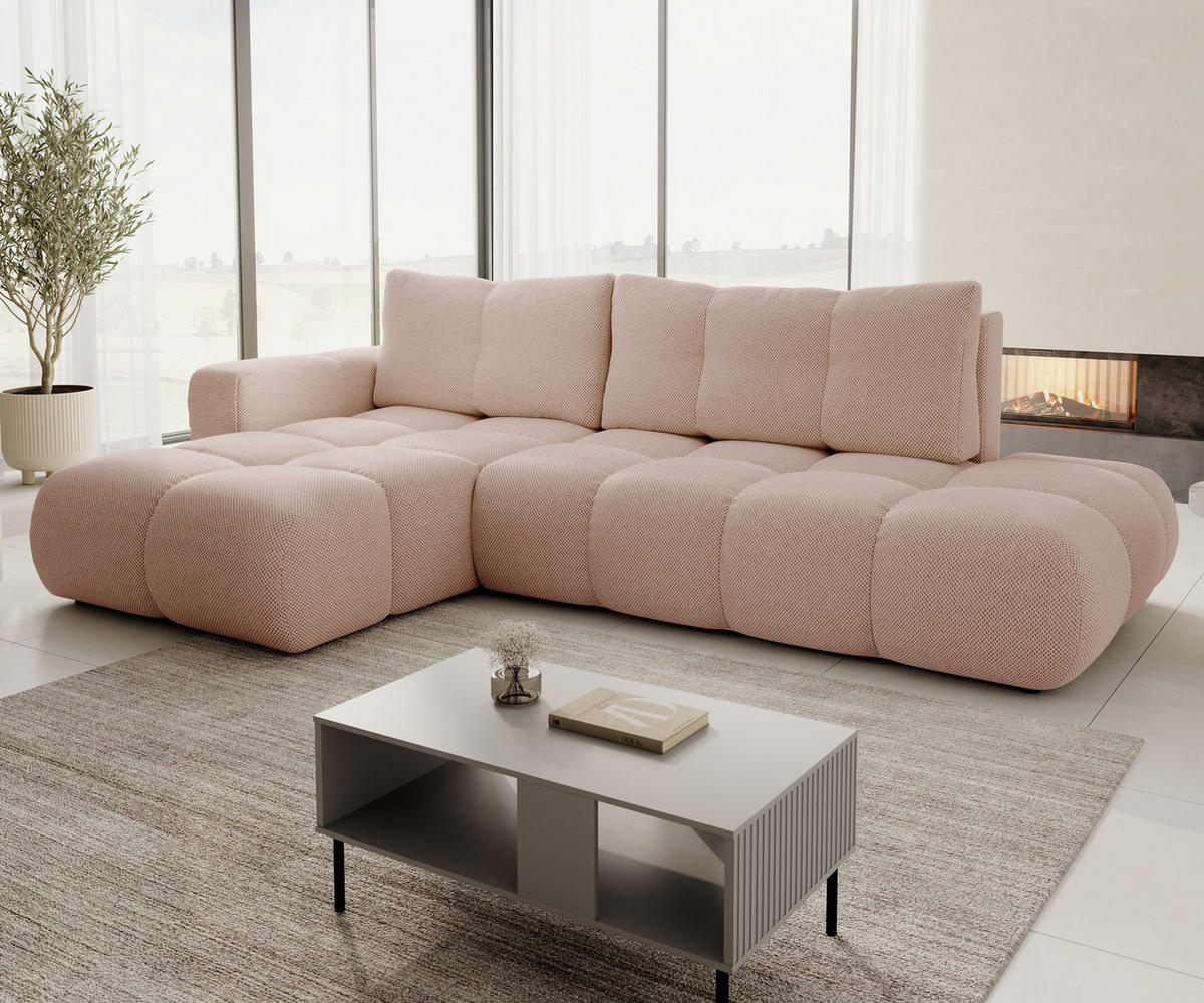 ECKSOFA L Form Hosio Hellcreme-Rosa 286/177/88 cm Links mit Schlaffunktion - Pink/Schwarz, Kunststoff/Textil (177/286cm) - AX Living