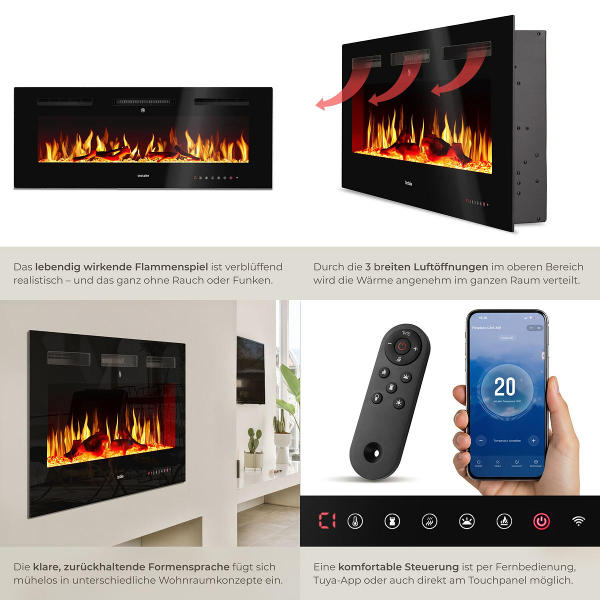 ELEKTRO-WANDKAMIN Luci, mit Fernbedienung und App-Steuerung, integriertes Thermostat, schwarz - Schwarz, Metall (106.5/43/12cm) - tectake
