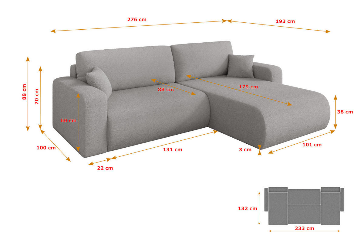 ROHOVÁ SEDAČKA s funkcí spaní, otoman vpravo BERY-L 276x193x88 světle šedá bouclé - černá/stříbrná, kompozitní dřevo/textil (276/193cm) - ALTDECOR