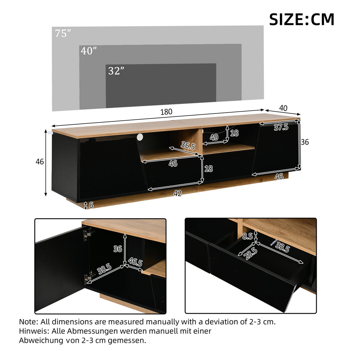 TV-SCHRANK LED Schwarz Holz 2 Schubladen 2 Türen 75 Zoll 180cm - Schwarz, Holzwerkstoff (180/46/40cm) - FLIEKS