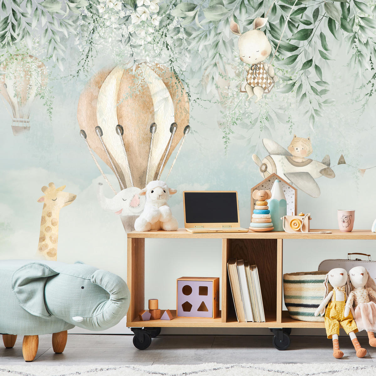 FOTOTAPETE für Kinderzimmer Tiere Wolken Ballons Giraffe Elefant 300x210 - Beige/Braun, Papier (300/210cm) - Muralo