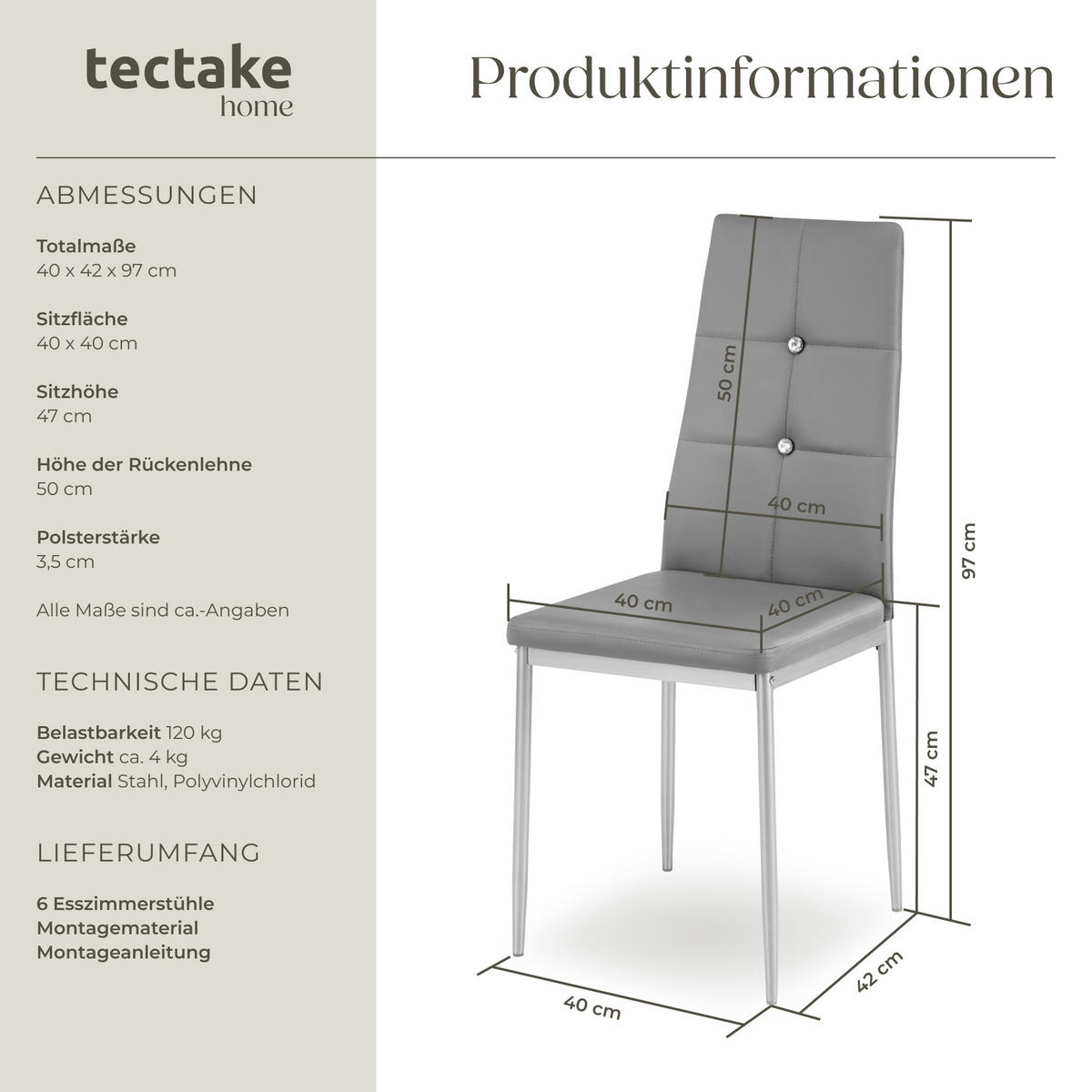 ESSZIMMERSTUHL 6er Set Julien 40 x 42 x 97 cm grau - Grau, Textil (42/97/40cm) - tectake