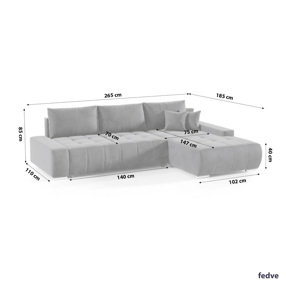 ECKSOFA mit Schlaffunktion Dhaka L, Grau - Grau, Textil (185/265cm) - Fedve