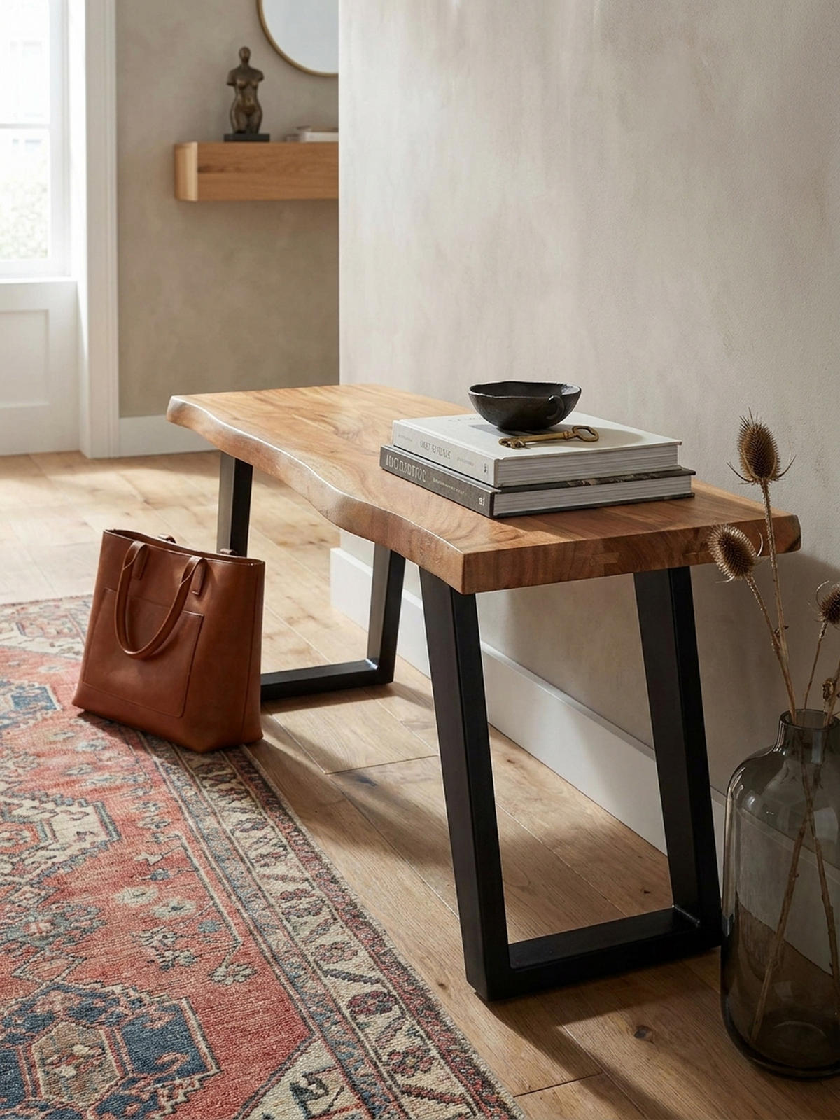 SITZBANK – Akazie Massivholz/Metall, 120x40x45,5 cm, mit Baumkante, U-Beine - Schwarz/Braun, Holz/Metall (120/46/40cm) - KADIMA DESIGN