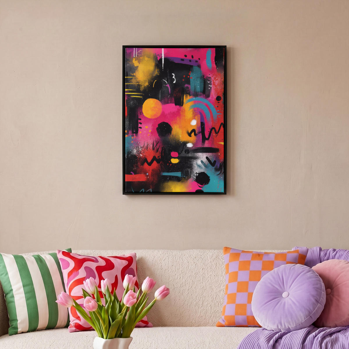 LEINWAND Bilder mit Rahmen - Farbflächen - Formen - Bunt - Abstrakt - 40x60 - Pink, Textil (40/60cm) - MuchoWow