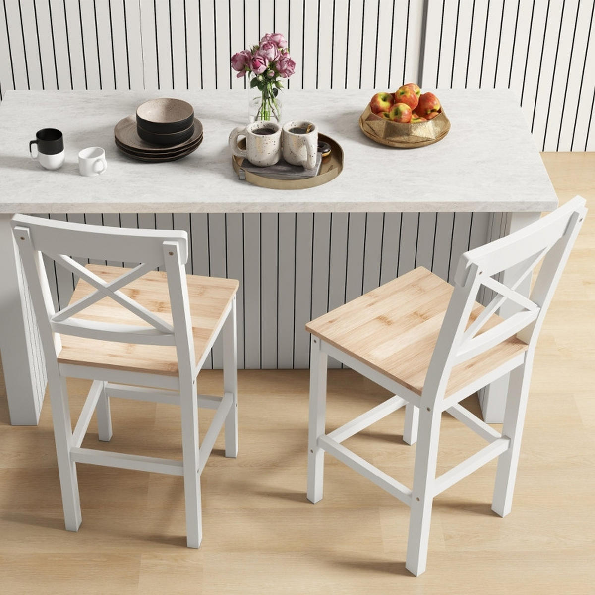 BARHOCKER DE-36067 2er Set mit Kiefernholz im Landhaus-Stil Natur - Weiß, Holz (41/97.5/46cm) - ComfortXL