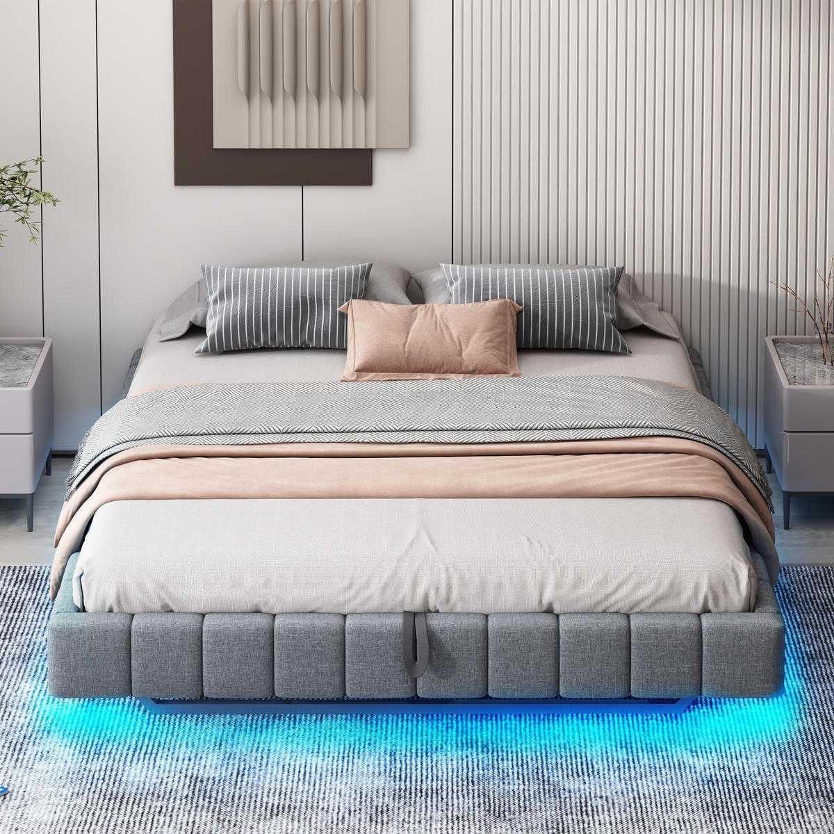 POLSTERBETT 180/200 cm Grau mit Stauraum und LED-Beleuchtung aus Leinen - Grau, Textil (180/200cm) - OKWISH