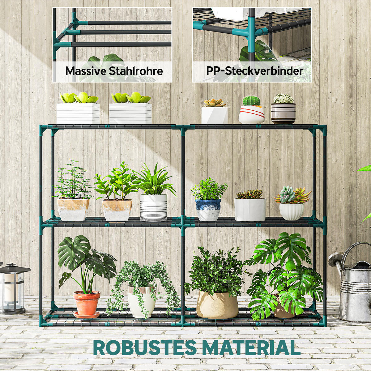 3-ETAGEN Pflanzenständer, 100 cm hoch Blumenständer mit Regalböden, mehrstöckig - Dunkelgrün, Metall (48/100/143cm) - Outsunny