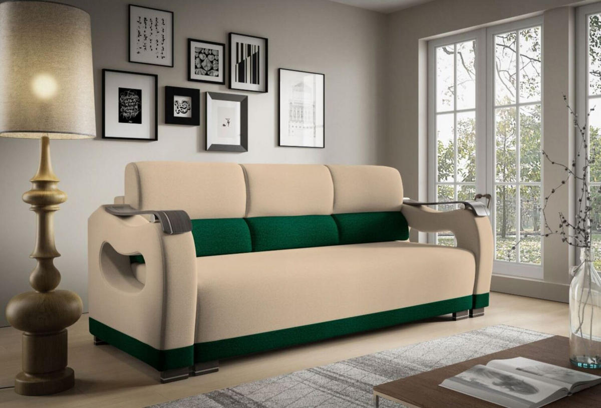 SCHLAFSOFA - Bettsofa Muscari II - Beige + Grün (Loca 15 + Loca 03) - Grün, Holz (227/90/92cm) - Möblo