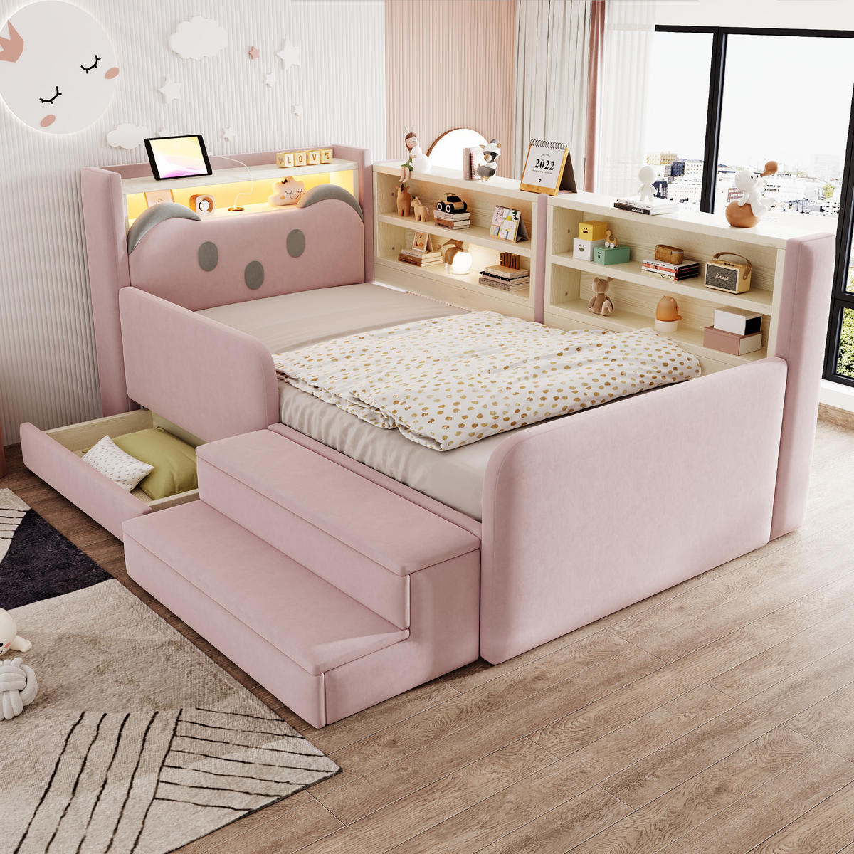 POLSTERBETT 90*200 cm mit LED, USB und Schublade, Rosa - Pink, Textil (90/200cm) - FLIEKS