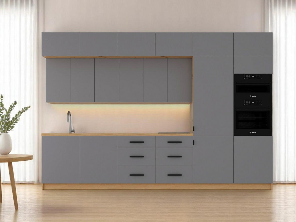 KÜCHENZEILE 360 cm - Nexa K72-G360-R - in Beige / Matt - Beige/Schwarz, Holz/Metall (360/212/58cm) - ROYAL24_MARKT