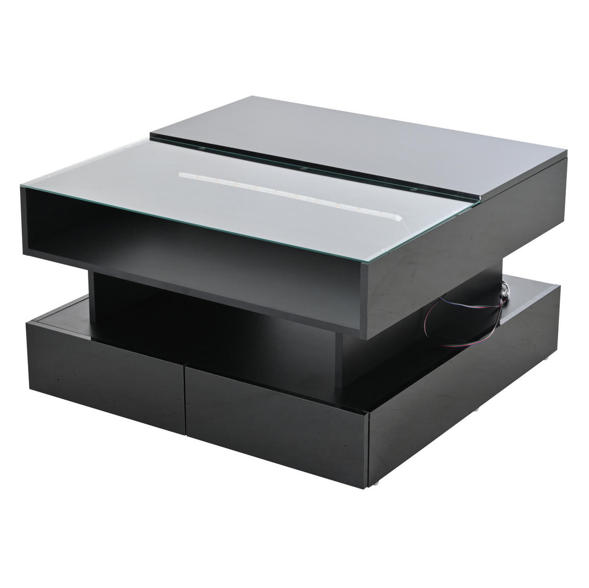 COUCHTISCH höhenverstellbar 80 x 80 cm Schwarz mit LED und 2 Schubladen - Schwarz, Holzwerkstoff (80/80/45cm) - Meubliv