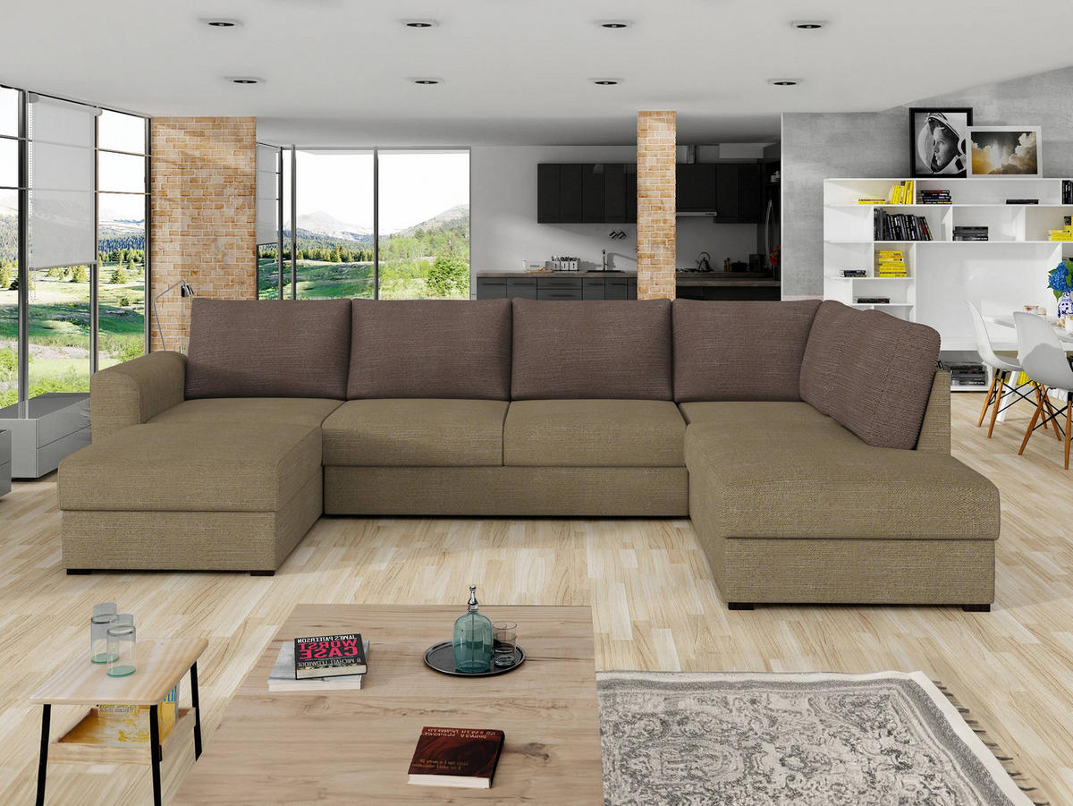 WOHNLANDSCHAFT Wilma Premium, Seite: Rechts - Hellbraun/Schwarz, Holz/Textil (305/85/188cm) - MIRJAN24