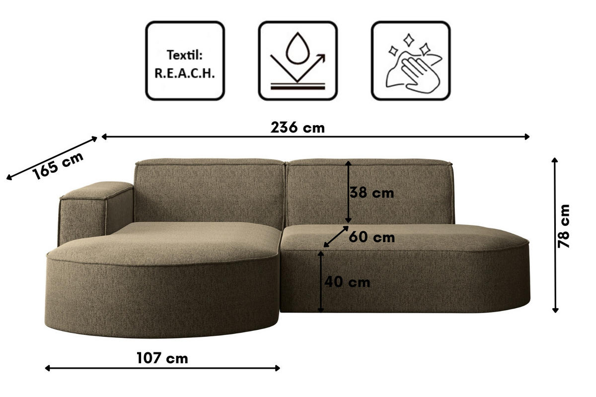 ECKSOFA MODENA L STUDIO Stoff Verita Dunkelbeige Links - Cappuccino, Holz (165/236cm) - Kaiser Möbel