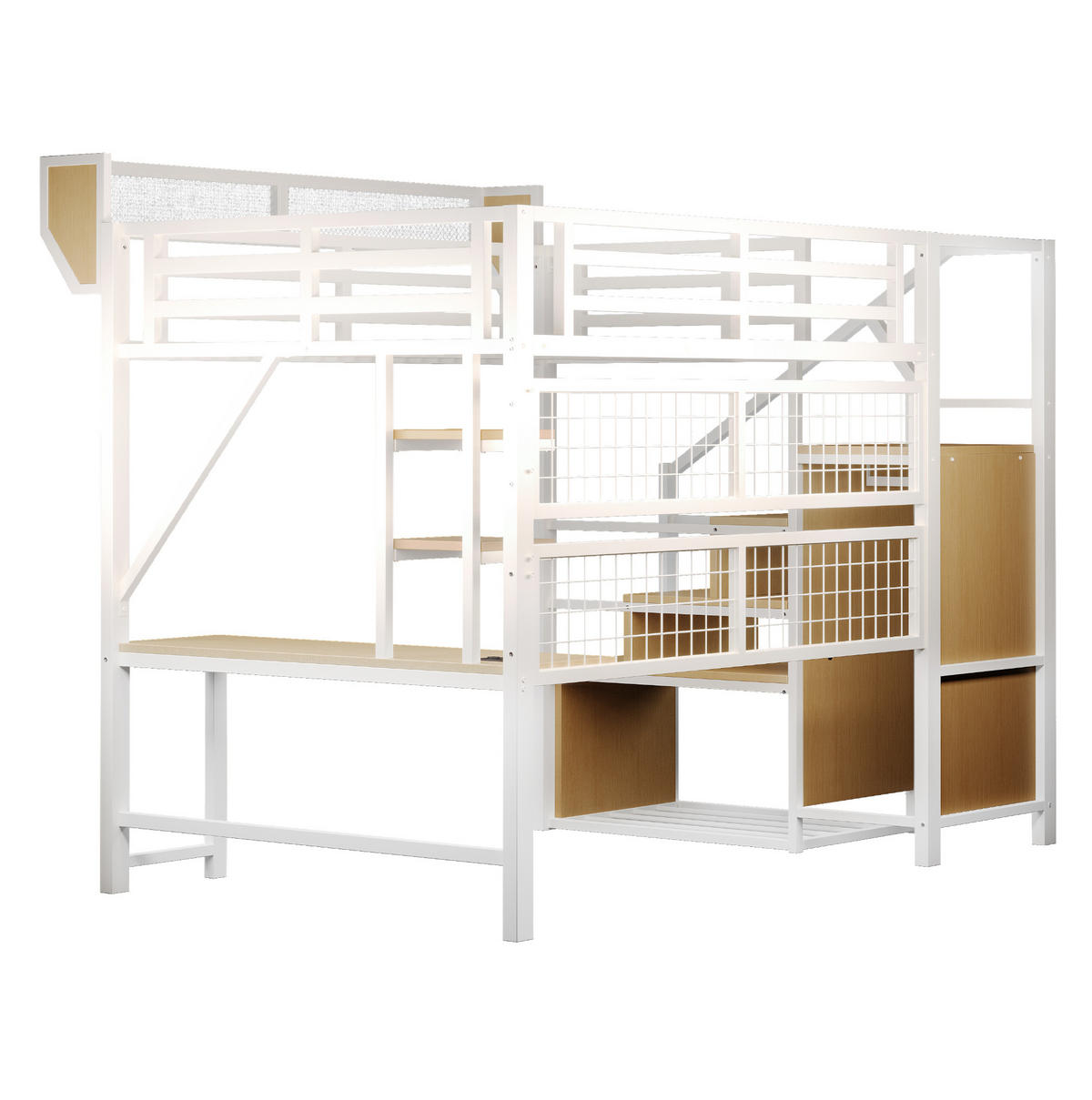VISOKA postelja 140/200 cm bela z mizo, policami in LED osvetlitvijo iz kovine in MDF - bela, leseni material (140/200cm) - OKWISH