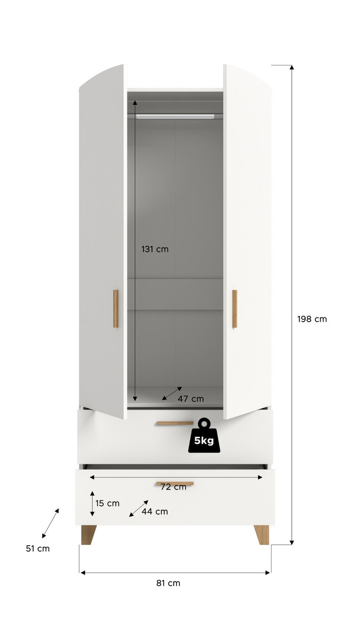 KLEIDERSCHRANK in weiß, Eiche Artsian 81 x 194 cm, Drehtürenschrank 2-türig skandinavisch - Eichefarben/Weiß, Holzwerkstoff (81/198/51cm) - Inn.Furn