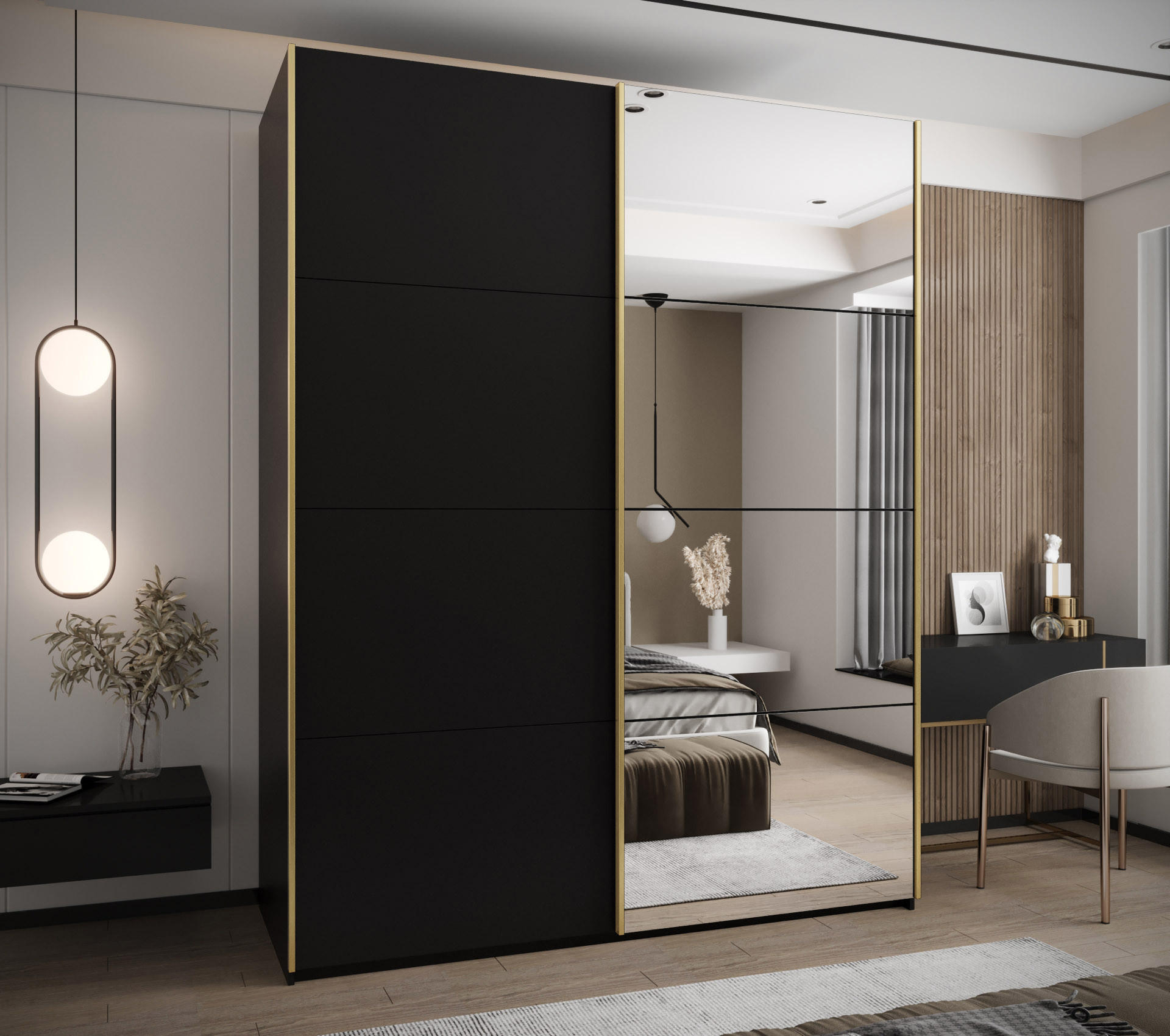 SCHWEBETÜRENSCHRANK 245,5/200/64 2-türig - Goldfarben/Schwarz, Holz/Metall (200/245/64cm) - Abiks Möbel
