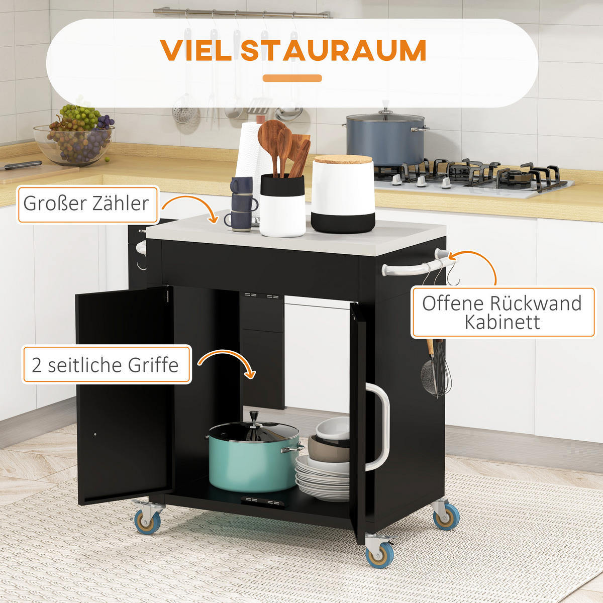KÜCHENWAGEN, Eisen, Edelstahl, Schwarz - Schwarz, Metall (50/86.5/86cm) - HOMCOM