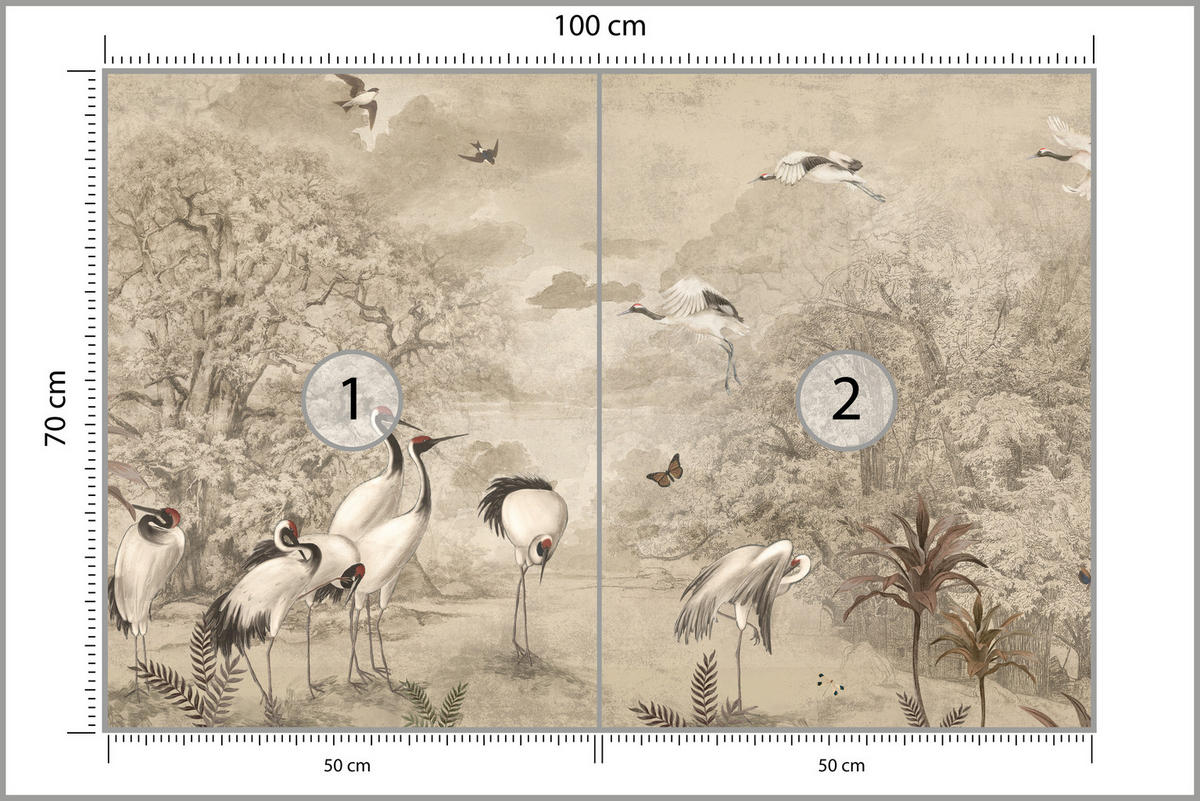 FOTOTAPETE für Schlafzimmer Retro Kraniche Wald Bäume Vögel 100x70 - Beige/Rot, Papier (100/70cm) - Muralo
