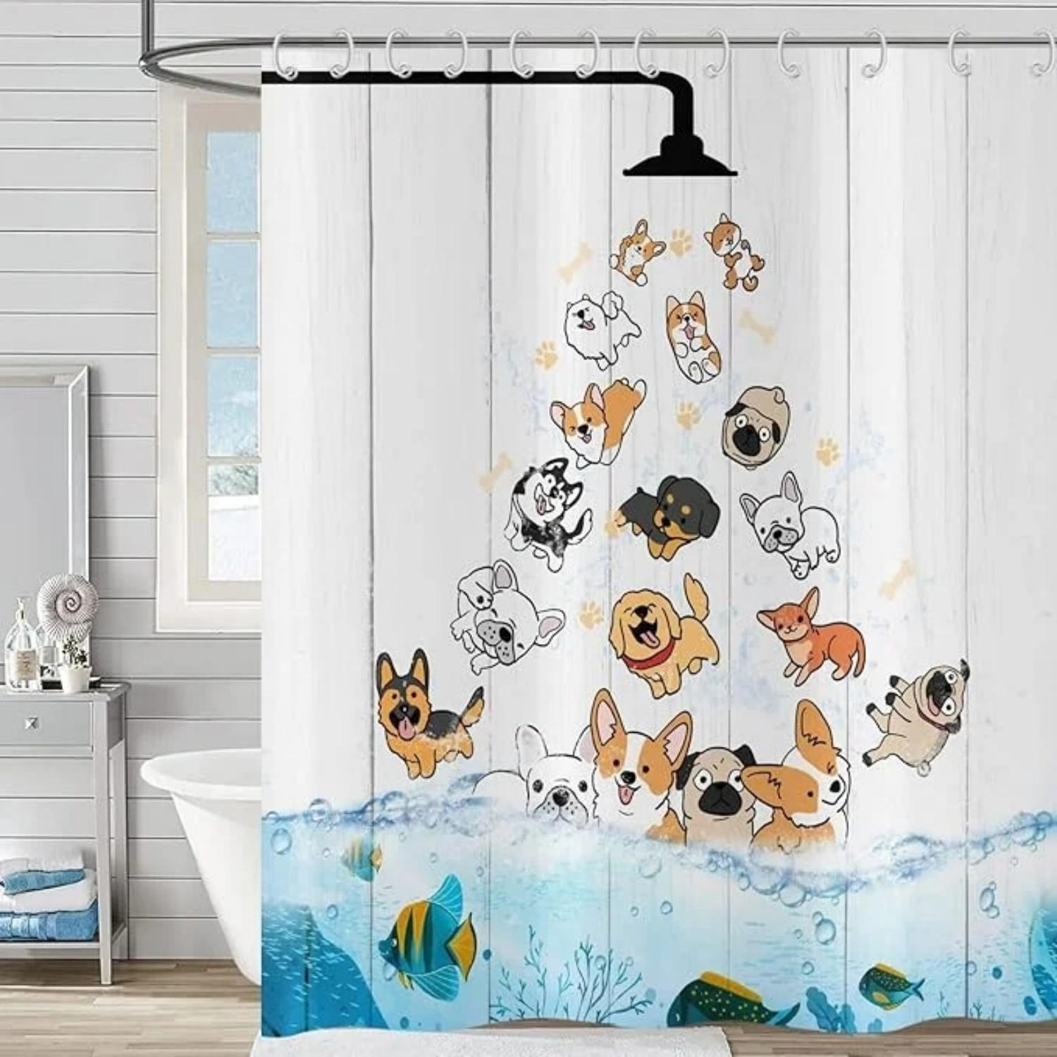 DUSCHVORHANG Bunt Hund und Fisch Ozean rustikal Holz Badewanne wasserdicht - Weiß, Textil (180/180cm) - MCBOSON