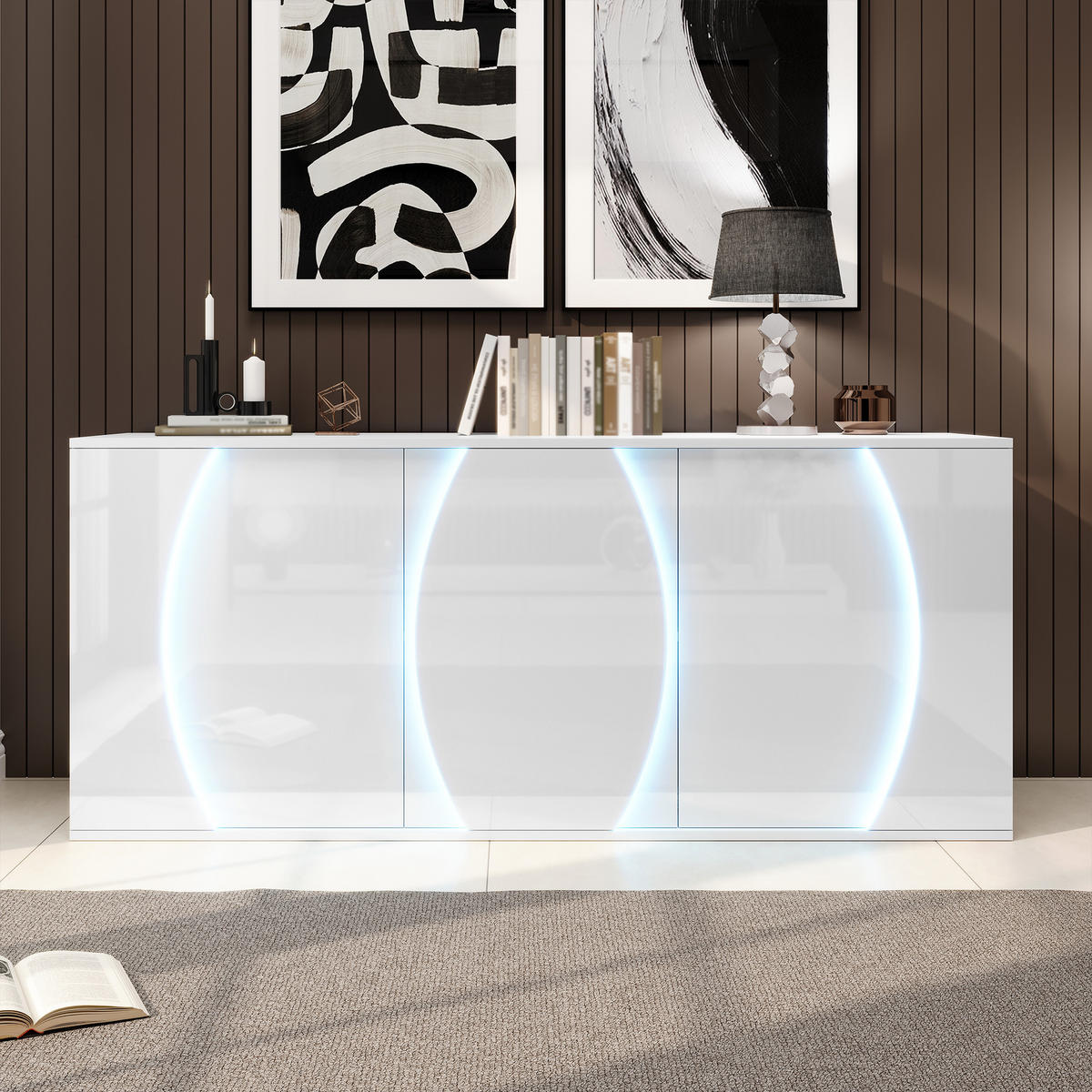 SIDEBOARD aus Spanplatte 150x40x70 cm Weiß mit LED-Beleuchtung, 3 Türen und verstellbaren Einlegeböden - Weiß, Holzwerkstoff (150/70/40cm) - Modfu