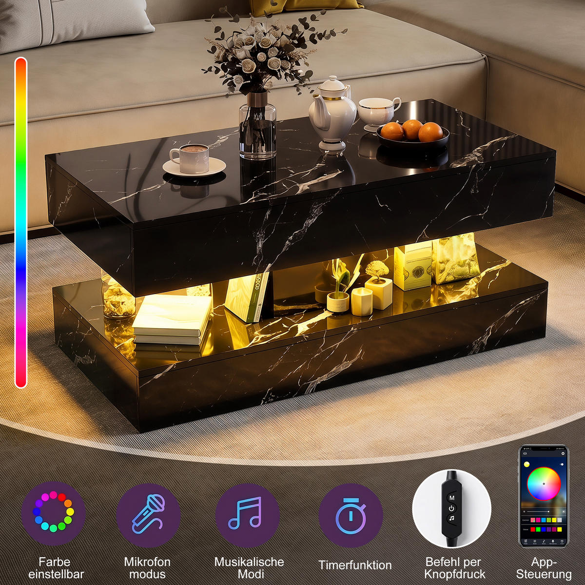 COUCHTISCH 100x50 cm Schwarz Hochglanz Marmoroptik mit LED-Beleuchtung & Schubladen - Schwarz, Holz (100/50/45cm) - SHOPENTRA