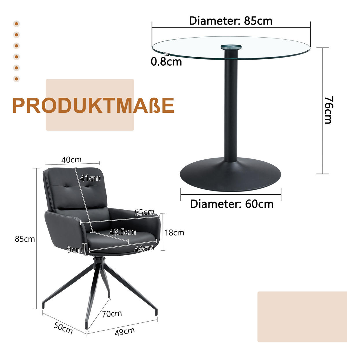 ESSZIMMERGRUPPE 5-tlg. mit Glasplatte Schwarz/Transparent - Schwarz, Metall (85/76/85cm) - Meubliv