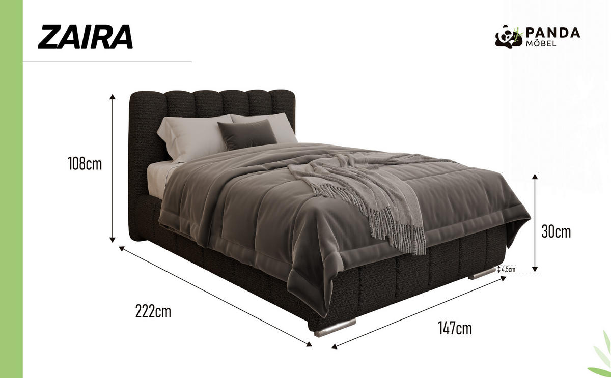 POLSTERBETT Zaira 120x200cm – Elegantes Polsterbett für modernen Wohnstil , ZONIERTE MULTI-TASCHEN-FEDERKERN (24cm), schwarz - Schwarz, Holz (120/200cm) - Panda Möbel