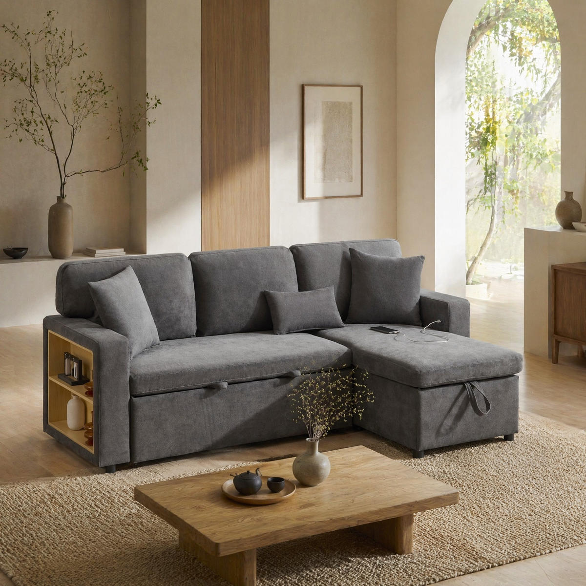 ECKSOFA mit Bettkasten und Regal, Dunkelgrau, 214/131/87 cm - Dunkelgrau, Textil (214/131cm) - EVRYAE