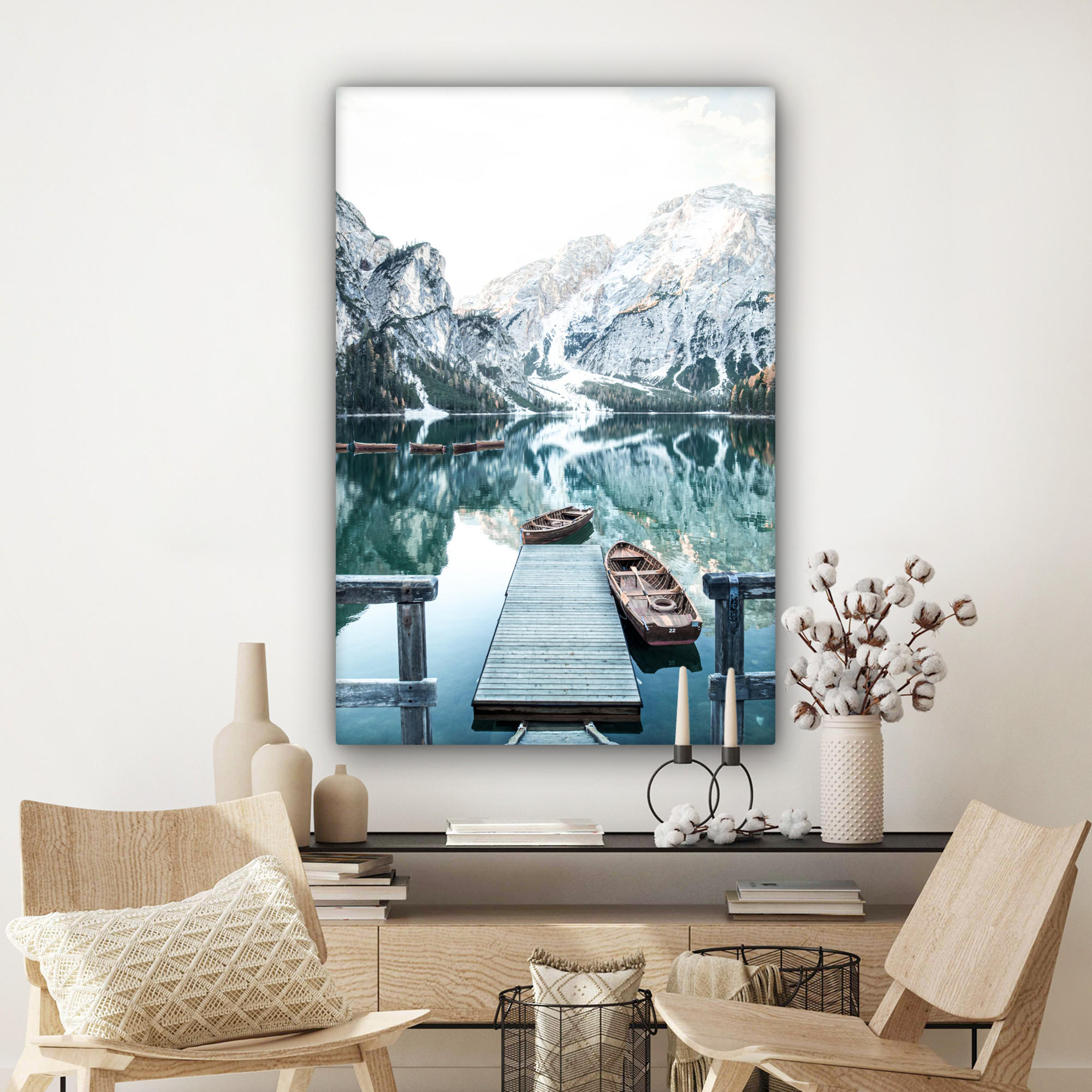 LEINWANDBILD Natur - Berge - Schnee - Wald - Boot 80x120 cm - Hellgrün, Textil (80/120cm) - MuchoWow