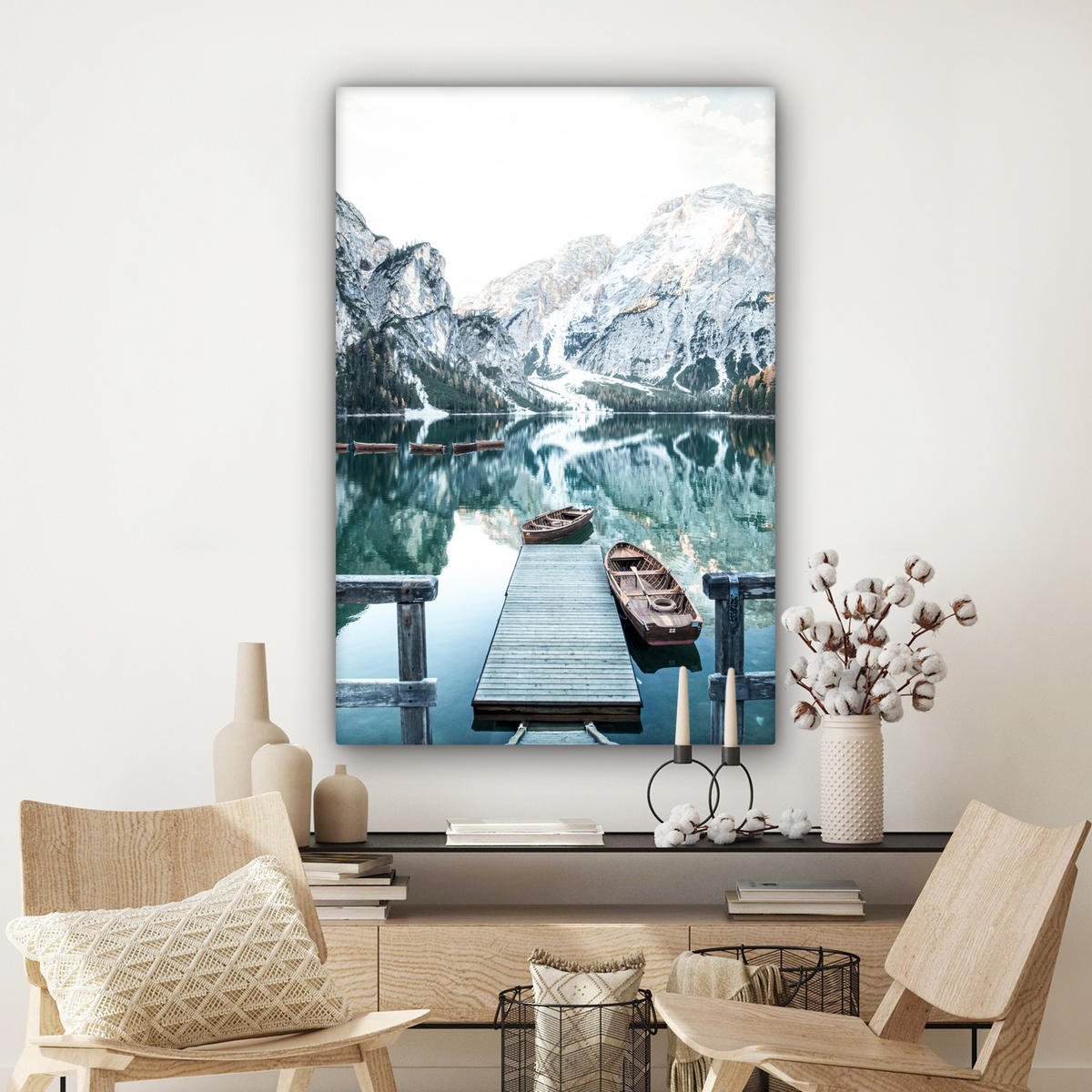 LEINWANDBILD Natur - Berge - Schnee - Wald - Boot 80x120 cm - Hellgrün, Textil (80/120cm) - MuchoWow