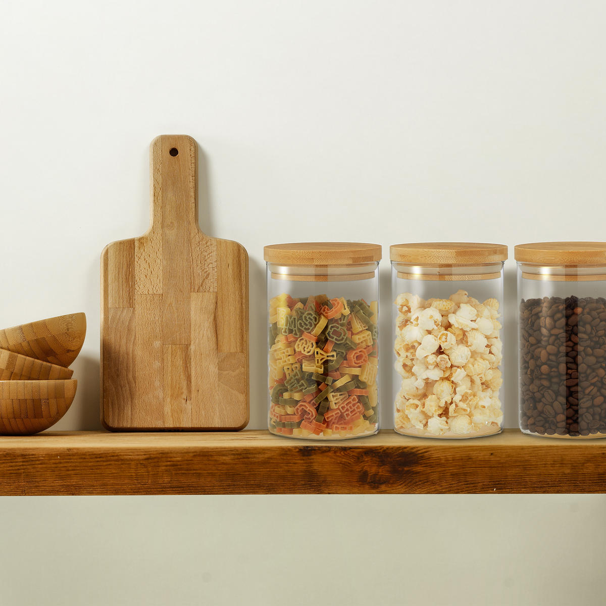 3XVORRATSGLAS - Transparent, Glas/Holz (10/15/10cm) - Relaxdays