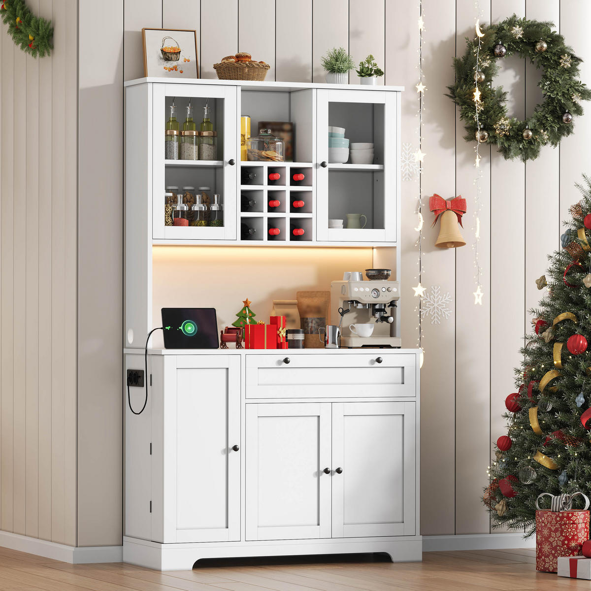 BUFFET 105/40/180 cm Weiß mit farbwechselnder LED-Beleuchtung und 1 Schublade - Weiß, Holz (105/180/40cm) - Oxeza